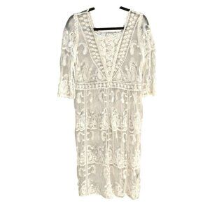 Pol Boho White Lace Sheer Floral Embroidery 3/4 Sleeves V-Neck Midi Coverup Dres